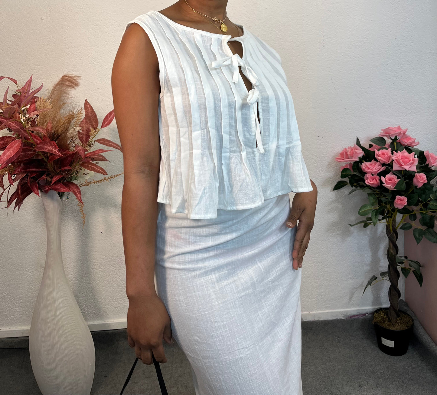 Ensemble Santorini - Haut noué et jupe longue en lin blanc