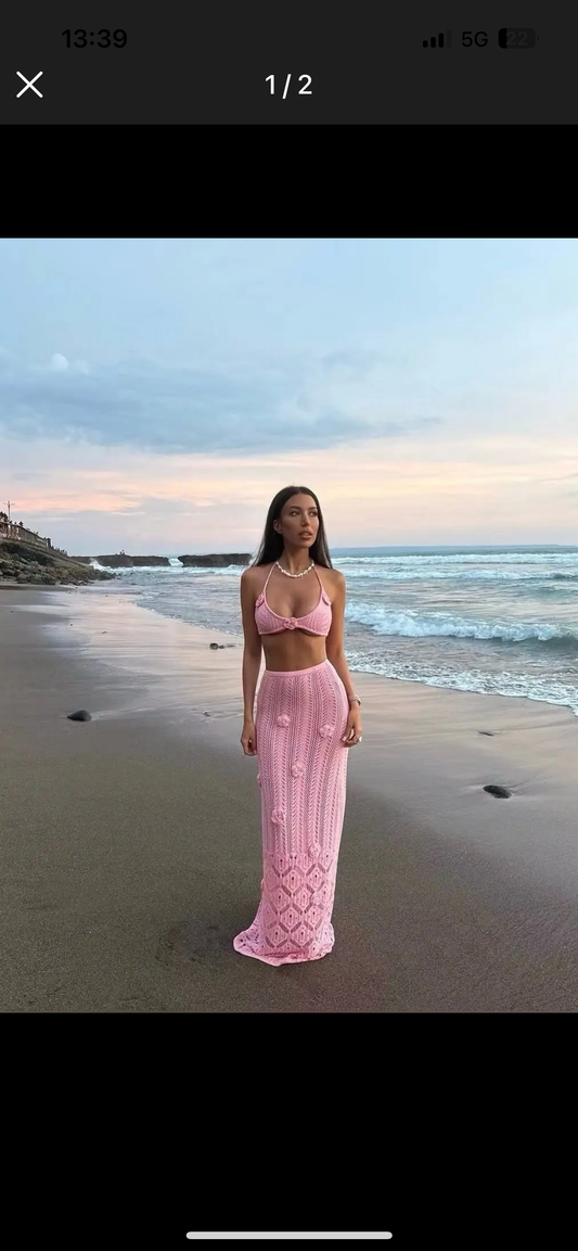 Ensemble plage Crochet Rose 2 pièces