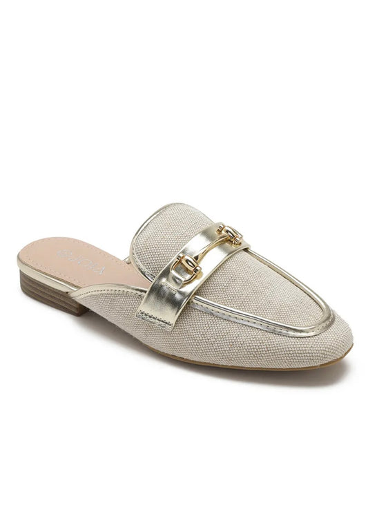 Mocassins ouvert Beiges en Tissu et Détail Doré